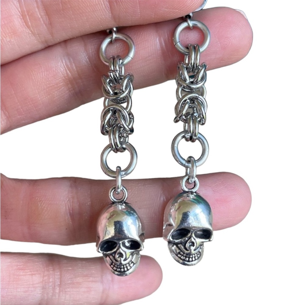 Handmade maille skull dangly stainless steel post earrings boho goth punk silver